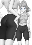  1girl artist_name ass ayase_eli bike_shorts blue_eyes blush bottle butt_crack close-up cowboy_shot hair_ornament hair_scrunchie hand_on_own_hip highres leggings looking_at_viewer love_live! love_live!_school_idol_project midriff monochrome multiple_views navel ponytail scrunchie shirt shorts signature simple_background smile spot_color sweat textless_version tied_shirt tight_clothes unsfrau water wet wet_clothes white_background 