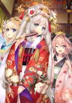  1boy 2girls astolfo_(fate) black_bow blonde_hair blue_eyes blue_kimono bow character_request comb commentary_request fan fang fate_(series) floral_print folding_fan furisode grey_hair hair_intakes hair_ornament highres indoors itou_noiji japanese_clothes kanzashi kimono looking_at_viewer multiple_girls nihongami obi one_eye_closed otoko_no_ko pink_hair pink_kimono print_kimono purple_eyes red_kimono sash skin_fang wide_sleeves 
