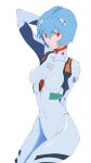  1girl arm_behind_back arm_behind_head arm_up ayanami_rei bad_id bad_twitter_id blue_hair bodysuit highres interface_headset_(evangelion) mecha_pilot_suit neon_genesis_evangelion plugsuit_(evangelion) red_eyes short_hair simple_background solo swirl9017 white_background white_bodysuit 