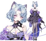  1girl :3 absurdres animal_ear_fluff animal_ears animated anklet bare_shoulders bead_anklet beads belt belt_buckle black_belt black_collar black_gloves black_shoes bow braid breasts buckle cat_ears chinese_commentary cleavage closed_mouth clothing_cutout collar collarbone commentary_request cross cross-laced_clothes cross-laced_dress detached_collar detached_sleeves dot_nose dress eyelashes flower flower_sleeves footwear_bow frilled_footwear full_body gloves grey_bow grey_pantyhose hair_beads hair_flower hair_ornament half_gloves halter_dress halterneck hand_on_own_chin happy highres jewelry knees lace_collar large_breasts latex latex_gloves light_blush lipstick live2d looking_at_viewer makeup miniskirt mole mole_under_eye multiple_views original pantyhose parted_bangs pink_eyes pink_lips pleated_skirt puffy_short_sleeves puffy_sleeves purple_bow purple_collar purple_flower purple_skirt red_pupils sample_watermark see-through_pantyhose shanwenyufan shoes short_dress short_sleeves simple_background single_braid skirt smile standing straight-on striped_clothes striped_skirt thigh_belt thigh_strap train_(clothing) two-tone_collar upper_body vertical-striped_clothes vertical-striped_skirt virtual_youtuber waist_bow watermark white_background 