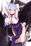  1girl absurdres azur_lane bare_shoulders blush breast_grab breasts cleavage dido_(anxious_bisque_doll)_(azur_lane) dido_(azur_lane) dress eyebrows_visible_through_hair grabbing hairband highres large_breasts long_hair looking_at_viewer nedo purple_dress purple_eyes silver_hair thick_thighs thighs 