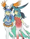  2girls blue_hair blush bow bowtie gloves gradient_hair hat head_wings highres igarashi_(nogiheta) kemono_friends multicolored_hair multiple_girls passenger_pigeon_(kemono_friends) peafowl_(kemono_friends) skirt tail tail_feathers thighhighs uniform wings yellow_eyes 