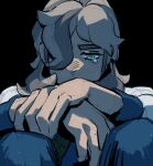  1boy absurdres arven_(pokemon) black_hair commentary_request covered_mouth crying furrowed_brow hair_over_one_eye hand_on_own_wrist highres knees_up long_hair long_sleeves looking_down male_focus mole_on_hand pokemon pokemon_sv sanmarino016 solo tearing_up tears 