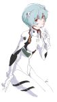  1girl ayanami_rei bad_id bad_twitter_id blue_hair bodysuit commentary highres interface_headset_(evangelion) looking_at_viewer mecha_pilot_suit neon_genesis_evangelion plugsuit_(evangelion) short_hair simple_background solo swirl9017 white_background white_bodysuit 