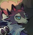  ambiguous_gender black_claws blue_eyes brown_body brown_fur claws feral fur lycanroc midday_lycanroc nintendo pink_inner_ear pok&eacute;mon pok&eacute;mon_(species) rock shootinggorilla spikes sun tuft video_games white_body white_fur yellow_sclera 