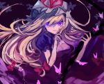  1girl blonde_hair bow bug butterfly cleavage_cutout floating_hair hair_bow hat hat_ribbon insect long_hair looking_at_viewer mob_cap open_mouth puffy_sleeves purple_eyes red_bow red_ribbon ribbon short_sleeves solo touhou tsukikusa upper_body white_headwear wind yakumo_yukari 