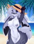 2025 anthro beach beta_tata big_breasts blue_eyes breasts buckteeth cheek_tuft chest_tuft clitoral_hood clitoris clothing colored colored_nails digital_drawing_(artwork) digital_media_(artwork) facial_tuft female flower fluffy fluffy_tail fur genitals grey_body grey_fur grey_hair grey_nipples hair hat hat_only headgear headgear_only headwear headwear_only hi_res inner_ear_fluff innie_vulva lagomorph leporid lips long_ears long_hair looking_at_viewer mammal mostly_nude nails navel nipples nude palm_tree plant presenting presenting_breasts rabbit rose_(flower) sea shaded sky smile smiling_at_viewer solo standing tail teeth thick_thighs tree tuft vulva water white_body white_fur