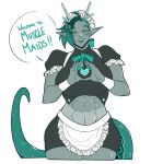  1girl abs apron aqua_eyes aqua_hair aqua_ribbon aqua_tail black_skirt body_freckles breasts colored_skin commentary cowboy_shot cropped_shirt dragon_girl dragon_horns dragon_tail english_commentary english_text fang freckles frilled_apron frilled_sleeves frills grey_skin heart heart_hands heart_in_heart_hands highres horns large_breasts maid_apron maid_headdress mallie_(lone_magi) miniskirt neck_ribbon original pointy_ears redrabbu ribbon short_sleeves simple_background skirt solo speech_bubble tail thick_eyebrows toned toned_female white_apron white_background white_wrist_cuffs wide_hips wrist_cuffs 