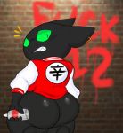 anthro black_body black_fur bottomless brick_wall butt cartoon_network clothed clothing delinquent domestic_cat ear_piercing ear_ring felid feline felis filthyopossum fur graffiti green_eyes hi_res looking_back male mammal mao_mao:_heroes_of_pure_heart piercing sheriff_mao_mao_mao solo surprise surprised_expression 