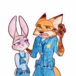  1:1 2020 bottomwear canid canine clothing disney fox fur green_eyes grey_body grey_fur judy_hopps lagomorph leporid mammal necktie nick_wilde orange_body orange_fur pants pawpads police_uniform purple_eyes rabbit red_fox shirt simple_background smile strawberry628_(artist) topwear uniform white_background zootopia 