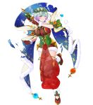  1girl ahoge blue_hair breasts crystal damaged fire_emblem fire_emblem_heroes gloves green_eyes highres holding holding_wand large_breasts mistletoe mistletoe_hair_ornament non-web_source official_alternate_costume official_art one_eye_closed red_gloves see-through_clothes seidr_(fire_emblem) seidr_(winter)_(fire_emblem) shawl short_hair solo star_(symbol) star_print torn_clothes wand 