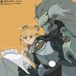  ... 1boy 1girl animal_ears banyue_(zenless_zone_zero) blonde_hair bowl brown_hair chibi closed_mouth deknobow_dowob dishes fingerless_gloves girl_staring_at_guy's_chest_(meme) gloves green_eyes grey_hair hair_intakes highres holding holding_bowl humanoid_robot ju_fufu long_hair looking_at_another meme metal_skin multicolored_hair pectorals robot robot_boy simple_background spoken_ellipsis tiger_ears two-tone_hair v-shaped_eyebrows zenless_zone_zero 