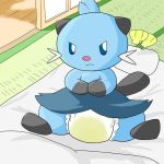  1:1 blue_body blue_eyes blue_skin bodily_fluids dewott diaper fin genital_fluids grumpy inside looking_at_viewer nintendo pok&eacute;mon pok&eacute;mon_(species) sitting solo tomukemono urine video_games wet_diaper wetting whiskers 