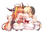  2girls :d ahoge bangs blonde_hair bow breasts cleavage commentary_request curled_horns domco dragon_girl dragon_horns eyebrows_visible_through_hair frilled_sleeves frills fur_trim hair_ornament hairband hairclip highres hololive horn_bow horns kiryuu_coco large_breasts long_hair looking_at_viewer multiple_girls open_mouth orange_hair pointy_ears purple_eyes red_bow sheep_horns shiny shiny_hair simple_background smile tongue tsunomaki_watame upper_body v virtual_youtuber waving white_background 