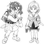  1990s_(style) 1boy 1girl arm_at_side bandaid bandaid_on_face bandaid_on_nose bare_shoulders belt book boots bracelet capelet card character_request commentary_request copyright_request dress facial_mark forehead_mark full_body gloves greyscale hand_up headband holding holding_book holding_card jewelry looking_at_viewer lowres medium_hair monochrome no_socks ponytail retro_artstyle shirt shoes short_hair short_ponytail shorts shoulder_belt simple_background sleeveless sleeveless_shirt standing sword teiku_(take) weapon 