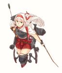  1girl arrow boots bow_(weapon) breastplate brown_eyes brown_gloves full_body gloves hairband holding holding_bow_(weapon) holding_weapon kantai_collection long_hair machinery partly_fingerless_gloves pleated_skirt red_hairband red_skirt shoukaku_(kantai_collection) simple_background single_glove skirt smile solo thigh_boots thighhighs weapon weidashming white_background white_hair yugake yumi_(bow) 