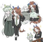  2girls animal_ears black_jacket black_pants blush blush_stickers brown_hair bucket_hat chibi collared_shirt commentary_request cosplay crossed_legs ear_covers ears_through_headwear green_hair green_hakama green_hat green_necktie grey_kimono hakama hat highres holding_finger horse_ears horse_girl horse_tail jacket japanese_clothes kimono kindaichi_kousuke kindaichi_kousuke_(cosplay) kindaichi_kousuke_series king_halo_(umamusume) lap_pillow long_hair long_sleeves looking_at_another multiple_girls multiple_views necktie open_clothes open_jacket pants seiun_sky_(umamusume) shirt short_hair side_ponytail sparkle speech_bubble squeans sweatdrop table tail umamusume umayuru unseuking0427 white_background white_shirt wide_sleeves yawning yuri 