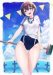  1girl absurdres arms_behind_head black_hair black_swimsuit blue_eyes blue_sky cleaning_brush cloud commentary_request competition_swimsuit cowboy_shot empty_pool goggles goggles_around_neck highres looking_at_viewer one-piece_swimsuit original rama_(yu-light8) shirt short_hair sky smile solo string_of_flags swimsuit swimsuit_under_clothes t-shirt thigh_gap tied_shirt white_shirt 