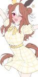  1girl ;d absurdres ahoge animal_ears belt blush bow bowtie brown_hair commentary_request copano_rickey_(casual)_(umamusume) copano_rickey_(umamusume) cowboy_shot double_bun dress fang hair_between_eyes hair_bun hair_intakes highres horse_ears horse_girl horse_tail kawai_ritsu_(rits_meg) long_hair looking_at_viewer mismatched_ear_covers multicolored_hair one_eye_closed outstretched_arms plaid_clothes plaid_dress puffy_short_sleeves puffy_sleeves purple_eyes short_sleeves simple_background smile solo streaked_hair tail two-tone_hair umamusume white_background white_hair white_streaks yellow_belt yellow_bow yellow_bowtie yellow_dress 