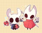  1girl 1other arthropod_girl black_skin chibi cloak cogfly_(hollow_knight) colored_skin empty_eyes flying full_body grey_cloak holding hollow_eyes hollow_knight hollow_knight:_silksong horned_mask hornet_(hollow_knight) horns knight_(hollow_knight) mask nail_(hollow_knight) needle_(hollow_knight) p_ppakk red_cloak standing weapon weapon_on_back white_eyes white_mask 