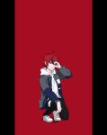  1boy absurdres ahoge black_pants black_streaks blue_eyes blue_jacket commentary_request drawstring grey_jacket grin hand_glasses hand_up highres hood hoodie hugen_yugen jacket jacket_over_hoodie looking_at_viewer male_focus multicolored_hair multicolored_jacket open_clothes open_jacket pants pillarboxed red_background red_hair shoes short_hair smile solo squatting streaked_hair sumino_takumi the_hundred_line_-last_defense_academy- two-tone_hair two-tone_jacket white_hoodie white_shoes 