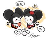  2others animal_ears artist_name black_eyes blank_eyes blush blush_stickers buttons chibikemo commentary_request cosplay doodle_inset english_commentary flower full_body furry hat hat_flower highres mickey_mouse mickey_mouse_&amp;_friends mickey_mouse_(cosplay) mini_hat minnie_mouse minnie_mouse_(cosplay) mixed-language_commentary mouse_ears mouse_tail multiple_others multiple_views no_mouth other_focus outline partial_commentary pokemon pokemon_(creature) polka_dot polka_dot_skirt red_hat red_shorts red_skirt shorts signature skirt solid_circle_eyes speech_bubble standing standing_on_one_leg tail tandemaus white_flower white_outline yellow_background yueryu_(taroyuer2) 