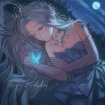  1girl anshang_doufu bare_shoulders blue_bow blue_butterfly blue_dress blue_gemstone blue_sky bow bug butterfly chinese_commentary closed_eyes cloud commentary_request cowboy_shot dress elbow_gloves english_text expressionless eyelashes flutter_storm_(infinity_nikki) full_moon gem gloves gown grey_hair hair_ornament hair_spread_out happy_birthday highres infinity_nikki jewelry light_particles long_hair lying moon necklace night nikki_(series) on_ground on_side outdoors pointy_nose purple_gloves sky solo strapless strapless_dress very_long_hair waist_bow wavy_hair 