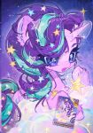  animal_focus chinese_commentary cloud commentary_request hecun923 highres long_hair my_little_pony my_little_pony:_friendship_is_magic no_humans open_mouth pony_(animal) purple_eyes purple_hair smile solo star_(symbol) starlight_glimmer trading_card unicorn watermark 