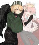  2boys 3327733341 androgynous animification ascot bird_wings bishounen black_wings blonde_hair blush brooch bucket_hat cape chinese_commentary closed_eyes commentary_request crown dream_smp earrings fang fur-trimmed_cape fur_trim ghost green_kimono hat highres humanization japanese_clothes jewelry kimono long_hair male_focus minecraft_youtube multiple_boys open_mouth ph1lza pink_hair pointy_ears red_cape red_eyes shirt short_hair simple_background single_earring smile striped_clothes striped_hat striped_headwear technoblade too_many_watermarks variant_set vertical-striped_clothes vertical-striped_headwear watermark white_ascot white_background white_shirt wide_sleeves wings 