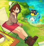  1girl animal_on_head arm_up bird bird_on_head boots brown_eyes brown_footwear brown_hair chair chorefuji commentary curry dress ear food gen_8_pokemon grass green_headwear green_legwear grey_cardigan knees lily_pad on_head outdoors pink_dress plaid plate pokemon pokemon_(creature) pokemon_(game) pokemon_on_head pokemon_swsh rookidee sitting smile sobble socks spoon starter_pokemon table tam_o&#039;_shanter water yuuri_(pokemon) 