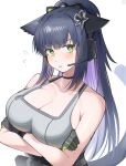  1girl absurdres animal_ears arknights arms_under_breasts bare_shoulders black_choker black_gloves black_hair breasts cat_ears cat_girl cat_tail choker cleavage collarbone crossed_arms flying_sweatdrops gloves grey_tank_top headphones headset highres jessica_(arknights) jessica_the_liberated_(arknights) large_breasts looking_at_viewer multicolored_hair parted_lips ponytail purple_hair simple_background solo spam_(spamham4506) streaked_hair tail tank_top two-tone_hair white_background 