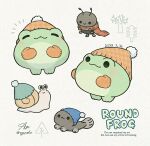  :3 animal animal_focus ayu_(mog) beanie blue_hat closed_eyes closed_mouth commentary dated english_commentary frog green_hat grey_background hat highres mittens no_humans notice_lines orange_hat orange_mittens original signature simple_background smile snail solid_circle_eyes tadpole twitter_username watermark winter_clothes 