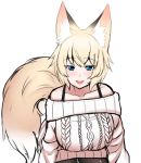  animal_humanoid bare_shoulders bent_over big_breasts blonde_hair blue_eyes blush breasts canid canid_humanoid canine canine_humanoid clothed clothing dipstick_ears dipstick_tail eyelashes female fluffy fluffy_tail fox_humanoid fully_clothed fur hair half-closed_eyes humanoid inner_ear_fluff legwear light_skin looking_at_viewer mammal mammal_humanoid monotone_hair multicolored_ears multicolored_tail narrowed_eyes open_mouth open_smile simple_background smile solo standing sweater topwear tuft white_background white_clothing white_topwear wildcatf14 yellow_body yellow_fur 