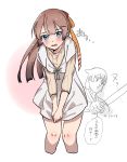  2girls blue_eyes blush brown_hair casual cowboy_shot derivative_work dress fujisaki_(si_da) gradient_hair hair_ribbon highres hiryuu_(kantai_collection) holding holding_sword holding_weapon kantai_collection kazagumo_(kantai_collection) long_hair looking_at_viewer multicolored_hair multiple_girls ribbed_sweater ribbon simple_background solo_focus sweater sword translation_request weapon white_dress white_sweater 