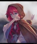  1girl akatsuki_no_yona arrow_(projectile) artist_name bangs blurry blurry_background breasts brown_cloak cloak commentary_request covering_mouth crying crying_with_eyes_open glint hair_between_eyes hand_over_own_mouth highres hood hood_up kin_toki letterboxed long_hair looking_at_viewer parted_lips purple_eyes quiver red_hair solo tears wide_sleeves yona_(akatsuki_no_yona) 