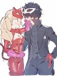  1boy 1girl amamiya_ren black_coat black_hair black_pants blonde_hair blush breasts cat_mask catsuit cleavage coat commentary_request covering_another's_mouth cropped_legs gloves hair_between_eyes hand_on_another's_waist hand_over_another's_mouth hetero highres long_hair long_sleeves mask mask_on_head medium_breasts paitan1007 pants persona persona_5 pink_gloves red_gloves red_mask simple_background tail takamaki_anne twintails 