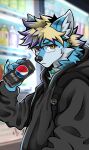 absurd_res anthro backpack beverage beverage_can black_backpack black_claws black_clothing black_hoodie black_topwear blonde_hair blue_body blue_ears blue_fur canid canine claws clothed clothed_anthro clothed_male clothing ear_piercing ear_ring eyewear fox fully_clothed fully_clothed_anthro fully_clothed_male fur glasses grocery_store hair heterochromia hi_res hoodie inner_ear_fluff male male_(lore) male_anthro mammal pepsi pepsi_max piercing purple_eyes purple_hair ring_piercing soda solo talop tan_eyes topwear tuft unknown_artist white_body white_fur white_inner_ear white_inner_ear_fluff