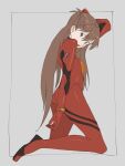  1girl bad_id bad_twitter_id bodysuit commentary from_side full_body grey_background interface_headset_(evangelion) kneeling long_hair mecha_pilot_suit neon_genesis_evangelion open_mouth plugsuit_(evangelion) red_bodysuit simple_background solo souryuu_asuka_langley swirl9017 teeth upper_teeth_only 