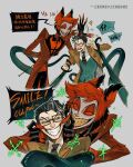  2boys absurdres alastor_(hazbin_hotel) antlers black_hair deer_antlers deer_boy demon_boy evil_grin evil_smile grin hazbin_hotel hellaverse heterochromia highres horns juanmao looking_at_another looking_at_viewer male_focus monocle multiple_boys red_hair red_suit sharp_teeth smile suit teeth tentacles vox_(hazbin_hotel) vox_(human)_(hazbin_hotel) 