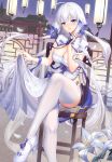  1girl ahoge azur_lane blue_eyes breasts chair china_dress chinese_clothes cleavage crossed_legs dress fan floating_hair flower folding_fan high_heels highleg highres holding illustrious_(azur_lane) illustrious_(maiden_lily&#039;s_radiance)_(azur_lane) lamp large_breasts lily_(flower) long_hair looking_at_viewer open_mouth pelvic_curtain quad_tails ririko_(zhuoyandesailaer) short_sleeves sitting skindentation smile solo tassel thighhighs very_long_hair white_dress white_flower white_footwear white_hair white_legwear 