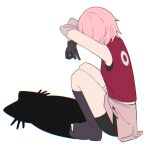  1girl bandaged_leg bandages bike_shorts bike_shorts_under_skirt black_boots black_gloves black_shorts boots cat_shadow_puppet_(meme) chromatic_aberration elbow_sleeve flat_color gloves haruno_sakura highres knee_boots meme midriff_peek naruto_(series) open-toe_boots pink_hair pink_skirt red_vest shadow shorts side_slit simple_background skirt squatting tenartistt vest white_background 