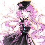  1girl ;o armband bare_shoulders black_collar black_dress black_gloves black_hat blue_eyes bow bowtie chinese_commentary collar commentary_request cowboy_shot cyfrost detached_collar dot_nose double_bun dress eyelashes fingerless_gloves fingernails gloves hair_bun hair_ribbon halftone hat hat_ornament hexagram highres layered_dress light_blush light_particles long_hair looking_at_viewer low_twintails musical_note nikki_(series) one_eye_closed open_mouth outline peaked_cap pink_armband pink_bow pink_bowtie pink_dress pink_ribbon pleated_dress purple_hair ribbon ribbon-trimmed_headwear ribbon_trim see-through_ribbon shining_nikki short_dress solo sparkle standing star_(symbol) star_button star_hat_ornament strapless strapless_dress studded_armlet studded_gloves swept_bangs treble_clef twintails very_long_hair voice_of_desire_(shining_nikki) wavy_hair white_background wrist_ribbon yellow_outline 