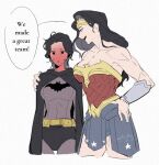  2girls batman batman_(series) batman_symbol blush bracer breasts bruce_wayne circlet dc_comics diana_prince english_text genderswap genderswap_(mtf) gold_bracer hashtag-only_commentary large_breasts long_hair minjmingg multiple_girls muscular muscular_female short_hair simple_background superhero_costume tiara wonder_woman wonder_woman_(series) yuri 
