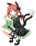  1girl :3 animal_ears bare_legs black_bow black_dress black_footwear black_ribbon bow braid cat_ears chups dress extra_ears eyebrows_visible_through_hair frilled_dress frilled_sleeves frills green_frills highres kaenbyou_rin multiple_tails neckwear red_eyes red_hair red_nails red_neckwear ribbon solo tail touhou twin_braids two_tails white_background 