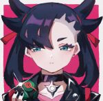  1girl :< asymmetrical_bangs asymmetrical_hair black_choker black_jacket black_nails blue_eyes choker commentary_request dusk_ball earrings facing_viewer holding holding_poke_ball jacket jewelry looking_to_the_side marnie_(pokemon) pink_background poke_ball pokemon pokemon_swsh red_ribbon ribbon short_eyebrows single_earring solo stud_earrings twintails undercut user_rvny3882 