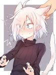  1girl ahoge animal_ears blue_eyes blue_nails blush cat_ears cat_tail ear_pull elf extra_ears eyebrows_visible_through_hair flat_chest hair_over_one_eye higashi_shino nail_polish original pointy_ears solo sweater tail turtleneck turtleneck_sweater white_hair 