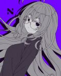  1girl ahoge breasts commentary freckles from_side glasses greyscale_with_colored_background highres hitnex kobaryo long_hair looking_at_viewer nyankovsky official_art purple_background purple_pupils round_eyewear short_eyebrows simple_background small_breasts solo sweater thick_eyelashes turtleneck turtleneck_sweater upper_body very_long_hair 