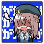  1girl aqua_hat aqua_vest artist_name black_ribbon blue_background border braid brown_hair chibi chibi_only commentary_request giving_up_the_ghost hair_between_eyes half_up_braid hat heaven_burns_red highres long_hair military_hat military_uniform neck_ribbon ooshima_ichiko open_mouth ribbon shaded_face shirt simple_background solo upper_body vest wavy_mouth white_border white_shirt xdjf63qbpt0iqmj 