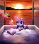  absurd_res alcohol beverage equid female feral friendship_is_magic hair hi_res horn hot_tub looking_at_viewer mammal my_little_pony partially_submerged ravensun solo sunset twilight_sparkle_(mlp) water wet_hair wine_glass winged_unicorn wings 