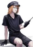  1boy black-framed_eyewear black_gloves black_hat black_shirt black_shorts collarbone commentary_request glasses gloves hat highres holding holding_walkie-talkie invisible_chair looking_to_the_side male_focus medium_hair nil_(pixiv_53614557) orange_hair randal's_friends randal_ivory rectangular_eyewear shadow shirt short_sleeves shorts simple_background sitting solo walkie-talkie white_background 